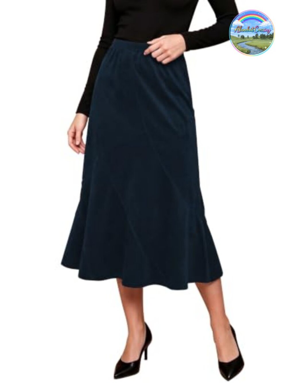 Faux Suede Midi Skirt High Waisted A-Line Pull-On Work Casual